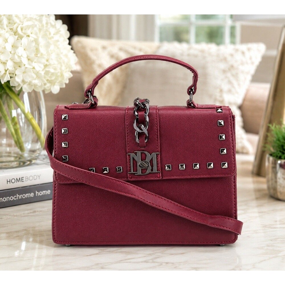 Bradley Mischka Vegan Leather Wine Red Cross Body Studded Big Chain Bag NWT